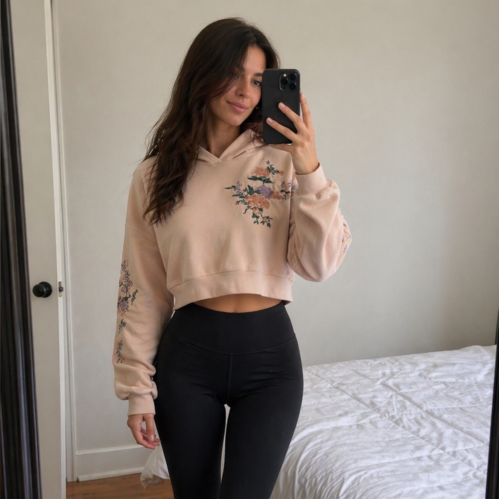Bershka Blush Cropped Hoodie with Floral Embroidery